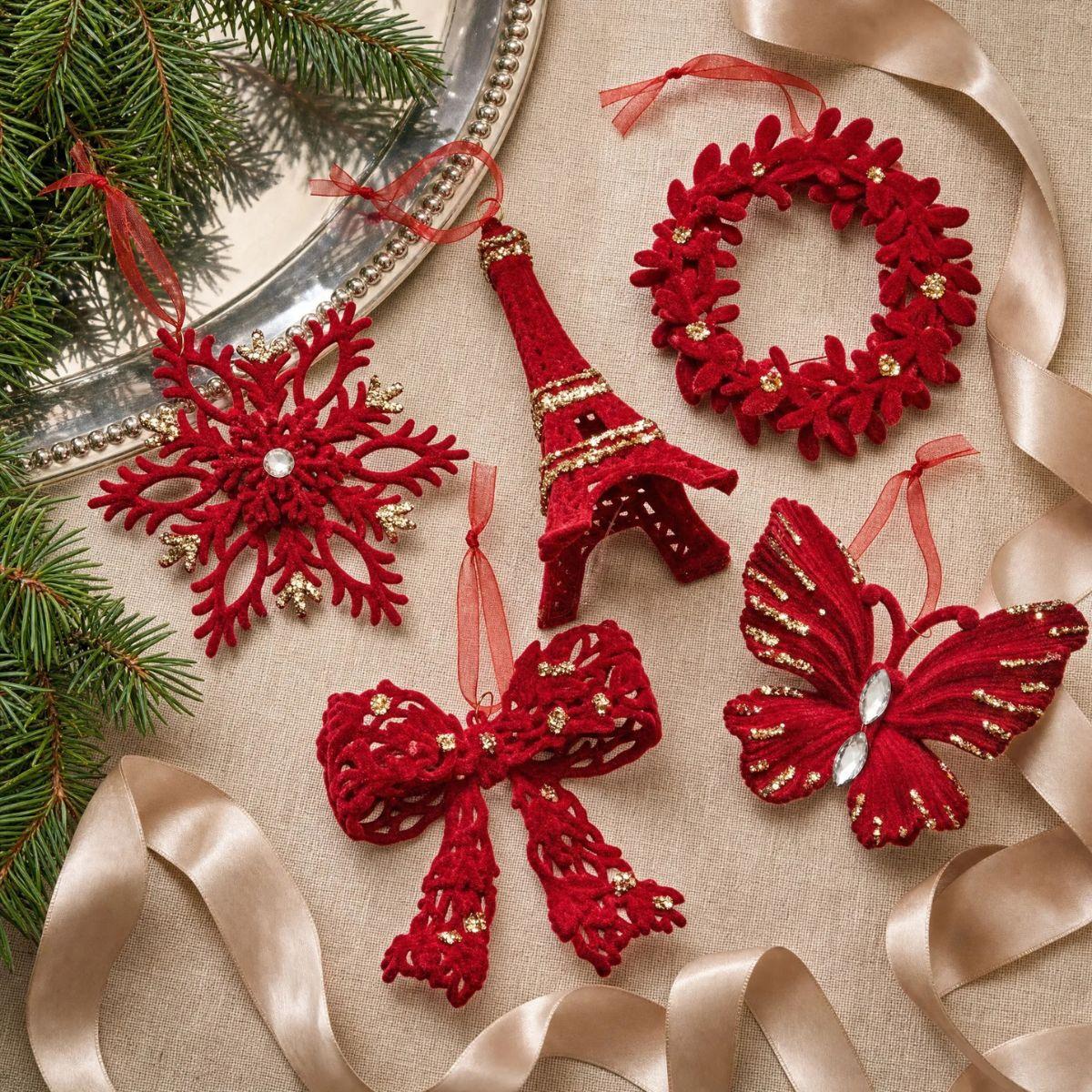 Burgundy red velvet Christmas hanging ornaments set of 5
