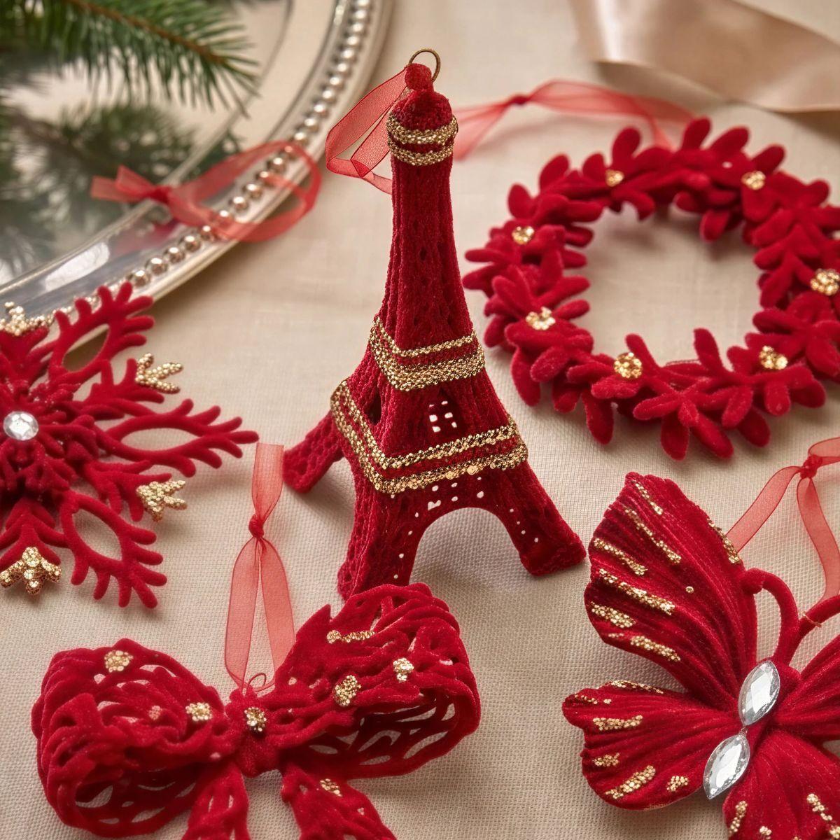 Burgundy velvet Christmas ornaments with assorted festive designs