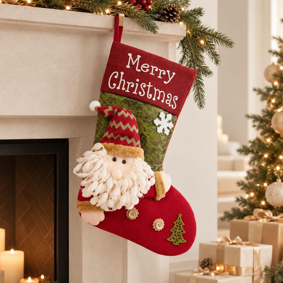 Red and green Christmas hanging stocking featuring plush Santa Claus, Merry Christmas lettering and festive decorations.