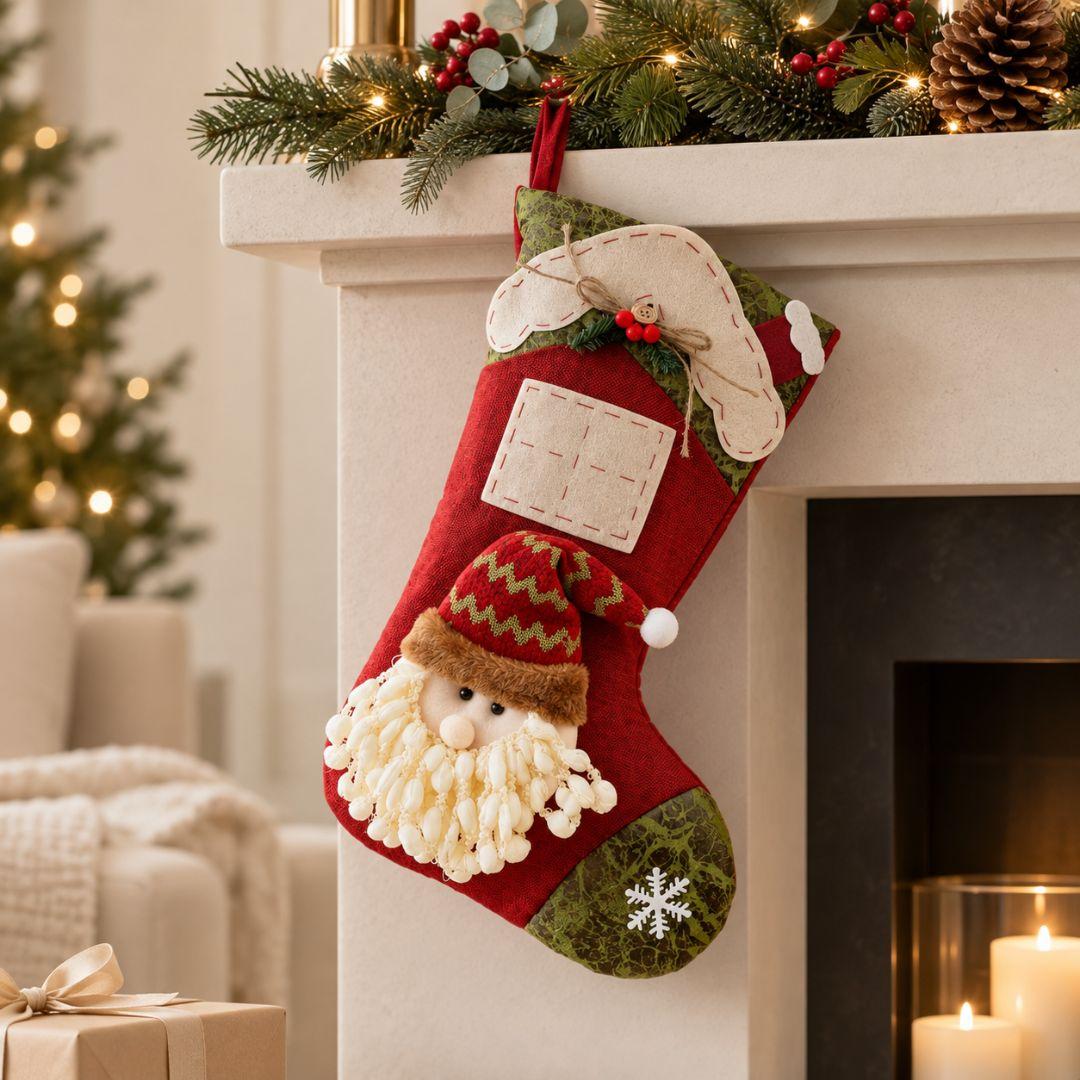 Rustic red and green Christmas hanging stocking featuring plush Santa Claus, patterned festive hat and decorative snowflake applique.
