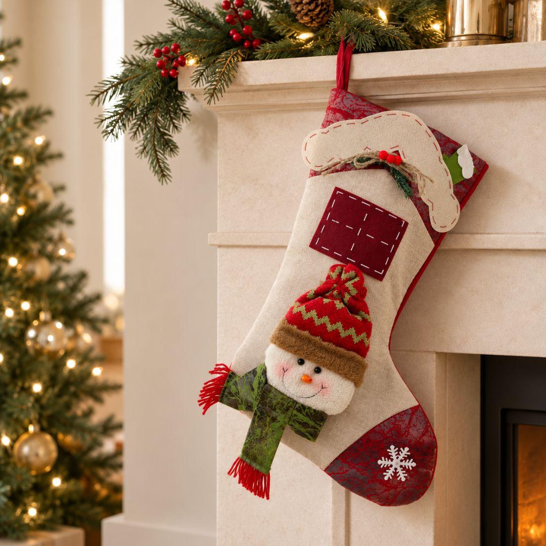 Beige and red Christmas hanging stocking featuring plush snowman with patterned red hat, green scarf and snowflake embellishment.