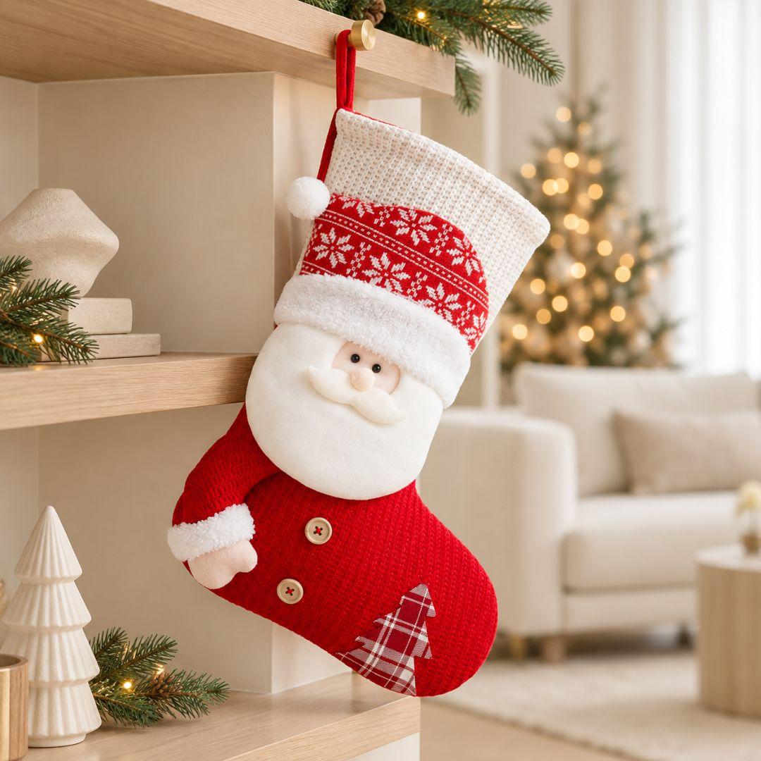 Red knitted Christmas hanging stocking with plush Santa Claus, white beard, red and white patterned hat and Christmas tree applique.
