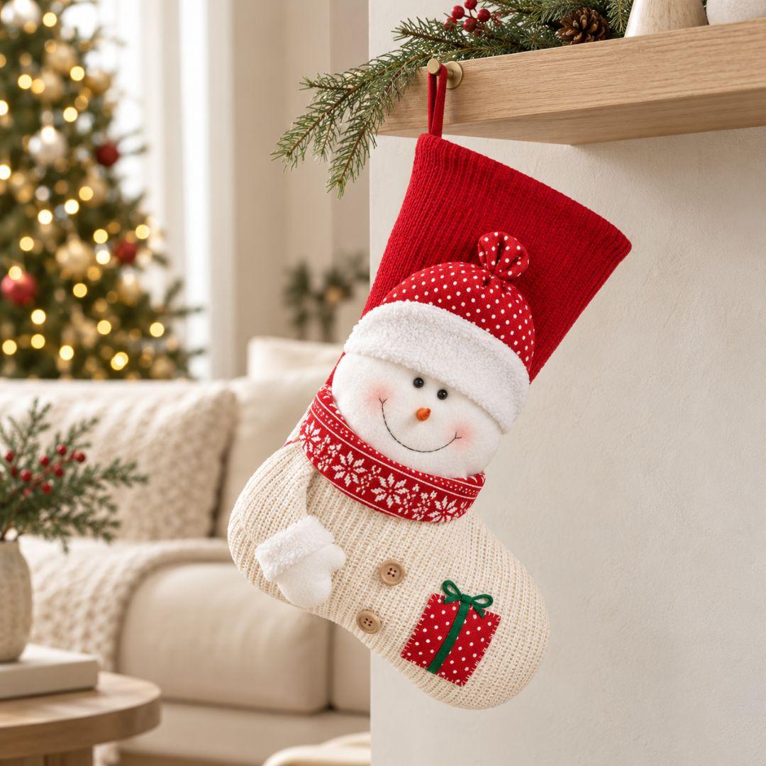 Red and cream Christmas hanging stocking featuring plush snowman, red polka dot hat, patterned scarf and decorative Christmas gift.