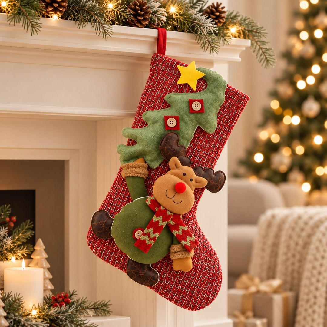 Red knitted Christmas hanging stocking featuring plush reindeer with red nose, festive scarf and green Christmas tree applique.
