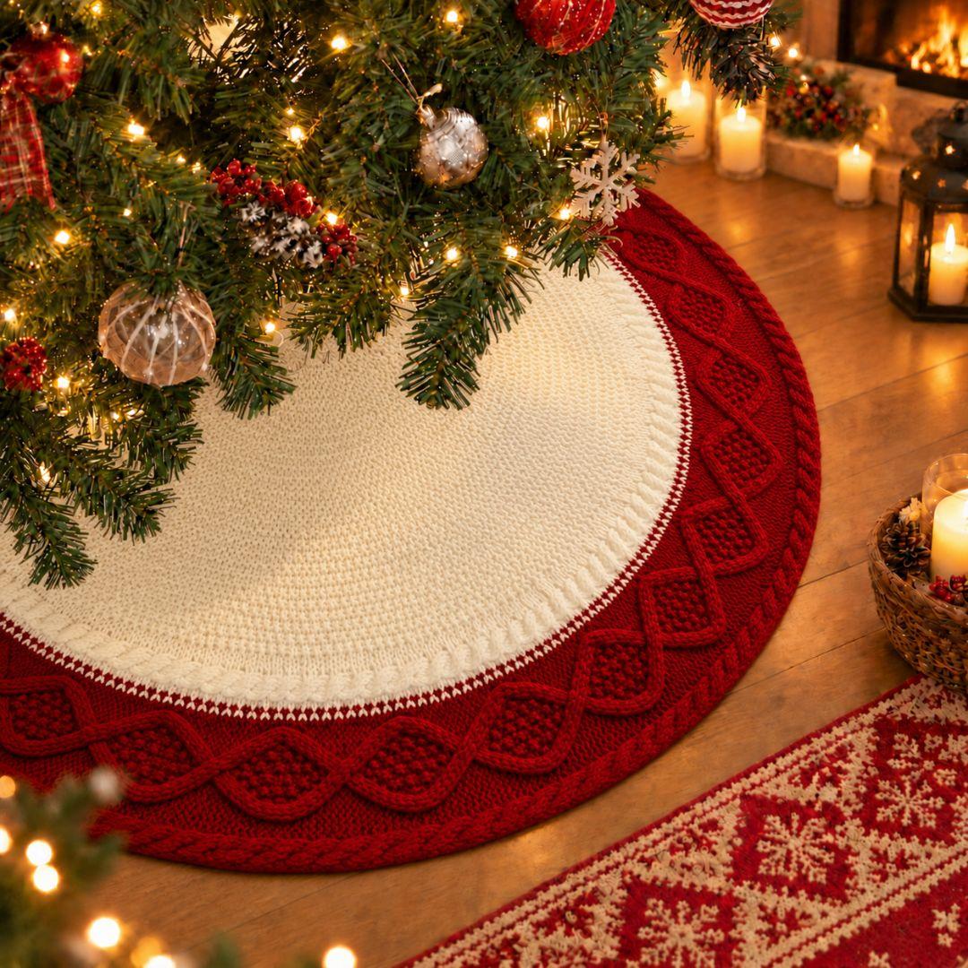 Clara red and cream knitted Christmas tree skirt under artificial Christmas tree