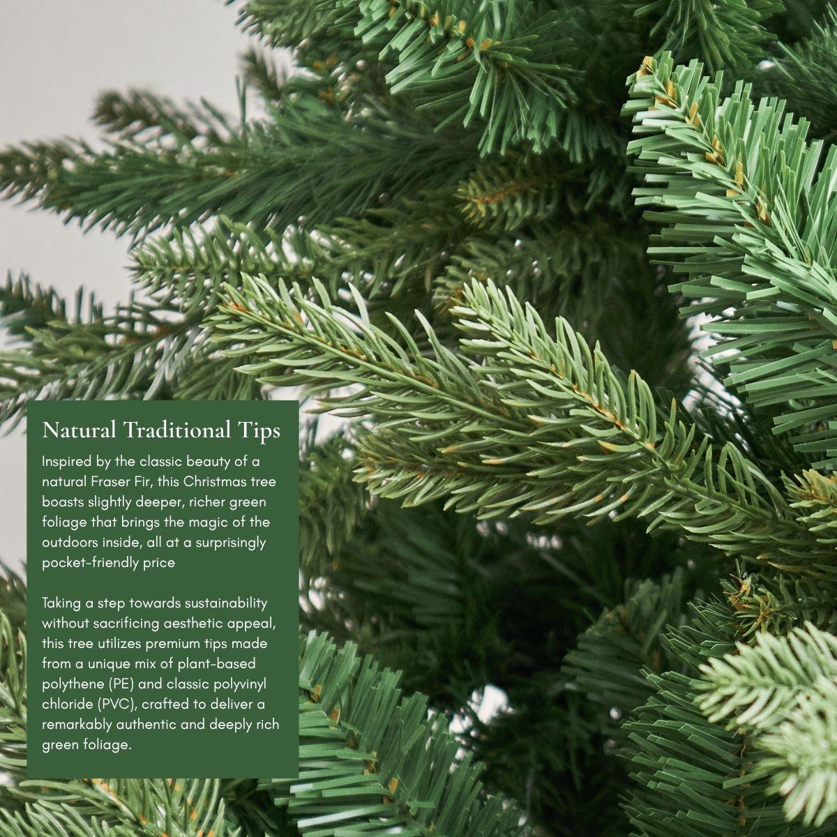 Close-up showing the realistic, dark green foliage of the Evangel Fraser Fir Christmas Tree. Crafted with high-quality tips for a lush look in your HDB or condo, easily standing out against other competitors selling Christmas trees in Singapore like Tidings and Dazzle Decor.