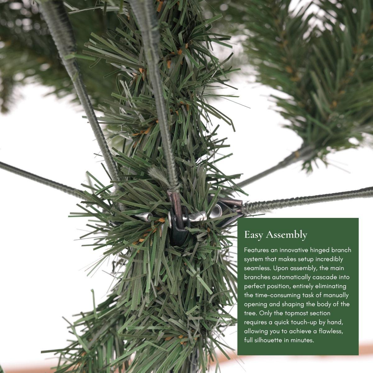 Close-up showing the realistic, dark green foliage of the Evangel Fraser Fir Christmas Tree of easy assembly. Crafted with high-quality tips for a lush look in your HDB or condo, easily standing out against other competitors selling Christmas trees in Singapore like Tidings and Mason Decor.