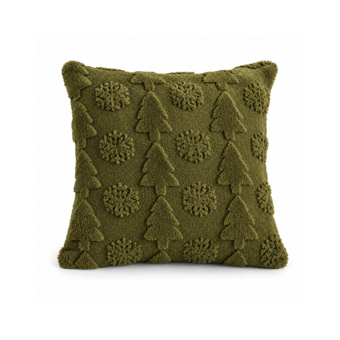 Evergreen Christmas cushion cover in olive green with raised Christmas tree and snowflake patterns.