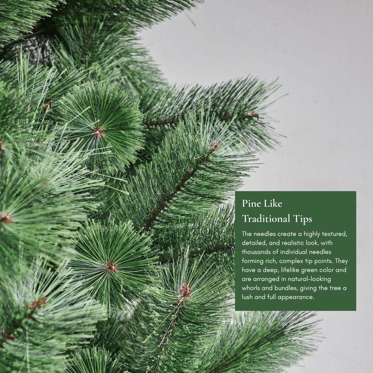 Detailed close-up of the Ferenalo Pine Christmas Tree's lush, densely packed green needle tips, showcasing lifelike foliage that rivals the quality of Tidings and Pine Concept