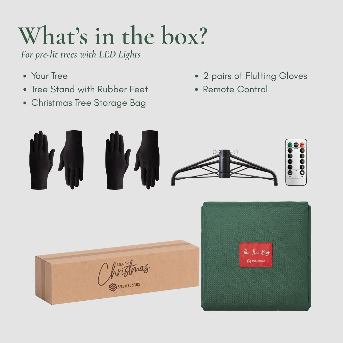 Unboxing guide for Speckled Space pre-lit Christmas trees showing the included tree, stand, fluffing gloves, remote control, and storage bag. The ultimate alternative to Masons Home Decor in Singapore.