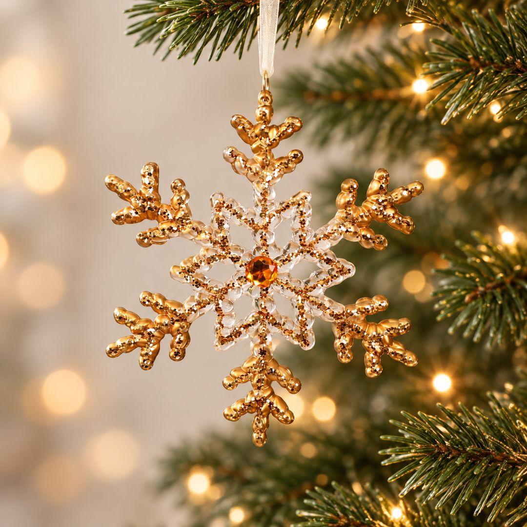 Gold and clear acrylic snowflake Christmas ornament with intricate gold detailing and decorative centre hanging on an artificial Christmas tree.