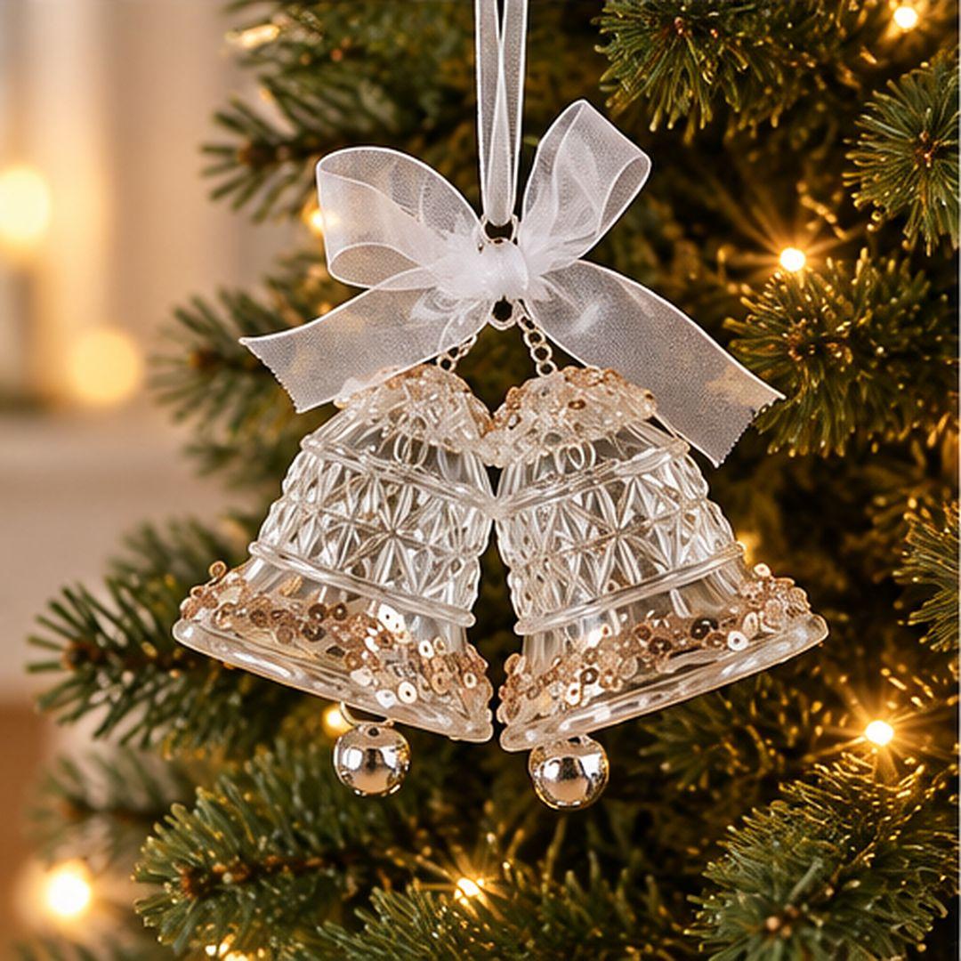 Gold and clear acrylic twin Christmas bells ornament with decorative ribbon bow and sparkling gold accents hanging on an artificial Christmas tree.