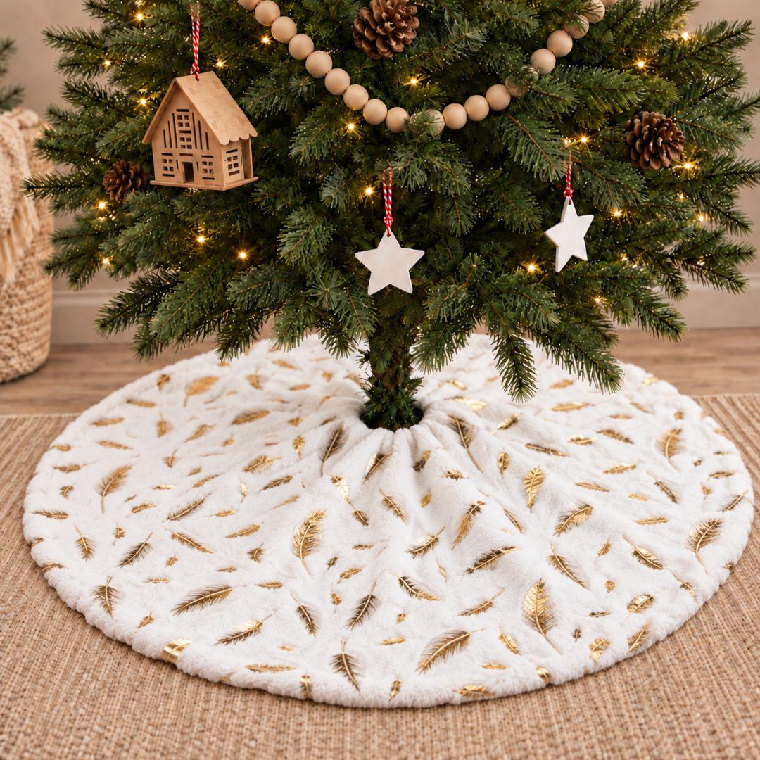 Gold Feather Christmas tree skirt in white and gold