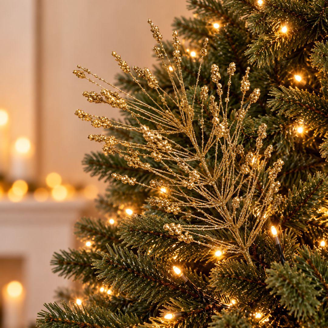 Gold glitter branch Christmas tree pick with delicate fan-shaped branches and sparkling gold accents displayed on a warm-lit artificial Christmas tree.