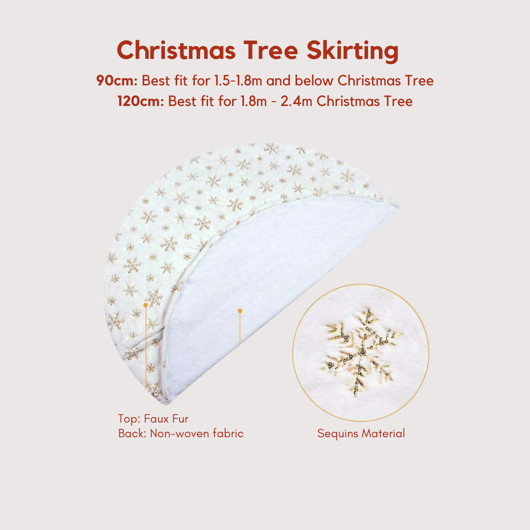 Gold Christmas tree skirting with festive snow design