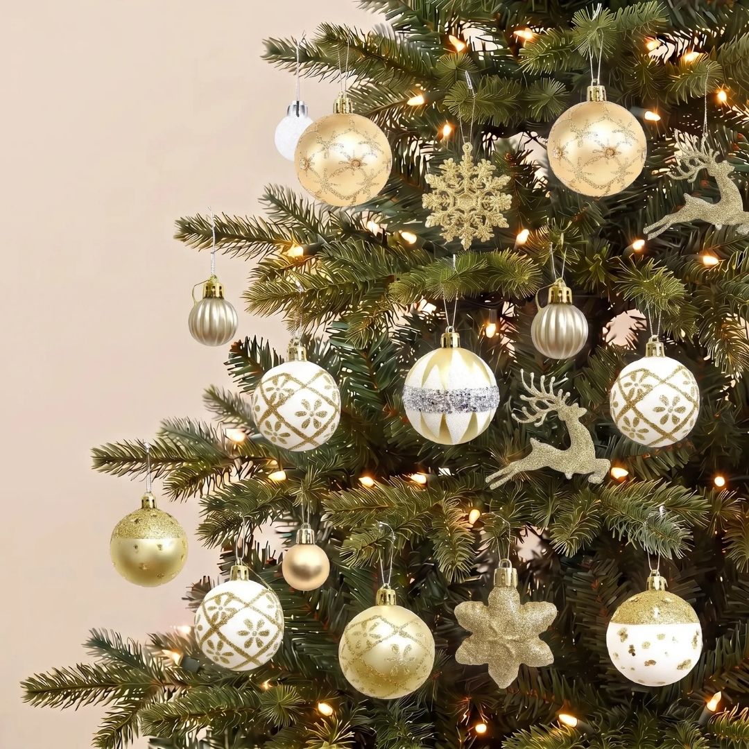 Gold White 45pcs shatterproof bauble ornament set styled on Christmas Tree