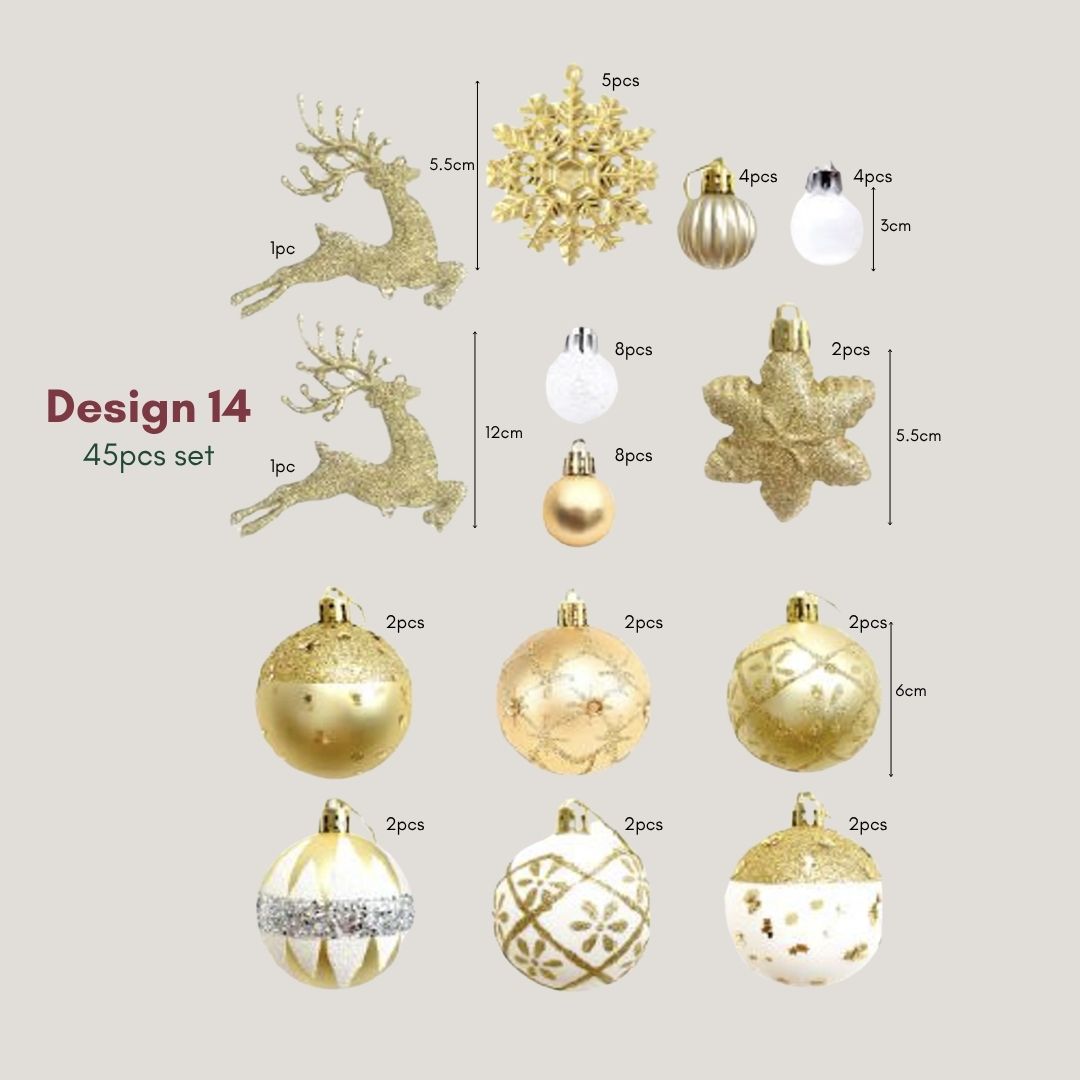 Gold White 45pcs shatterproof bauble ornament set styled on Christmas Tree Singapore