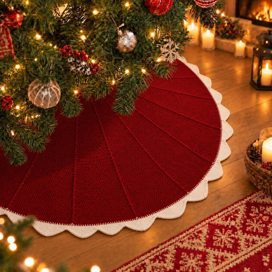 Holly red and white knitted Christmas tree skirt under artificial Christmas tree