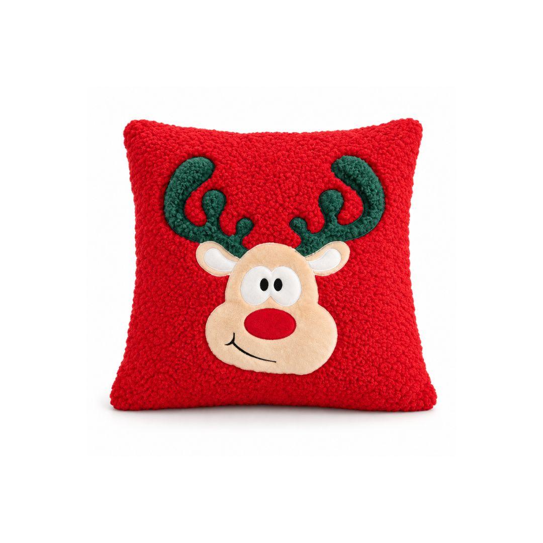 Red Christmas cushion cover with reindeer design and fluffy textured fabric