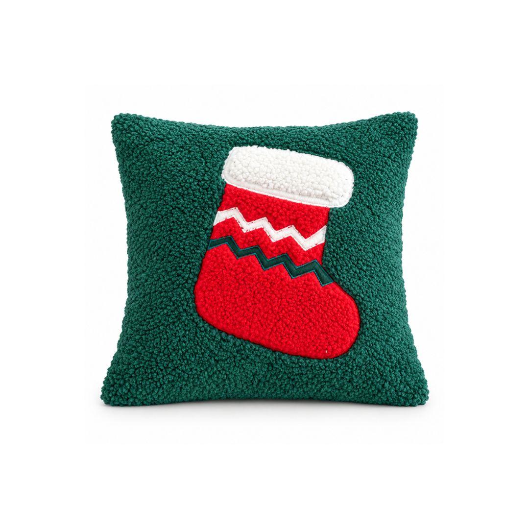 Green Christmas cushion cover with red Christmas stocking design