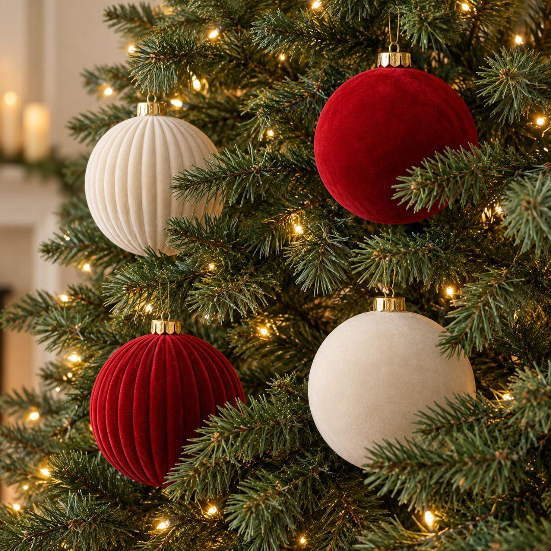 Large 15cm red and ivory velvet Christmas baubles hanging on a warm-lit artificial Christmas tree, featuring smooth and ribbed textures.