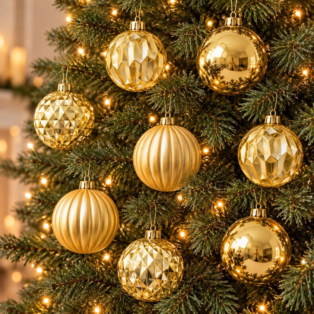 D91 gold Christmas baubles 8cm, set of 12 featuring four assorted glossy, satin ribbed and geometric designs on a light grey background.