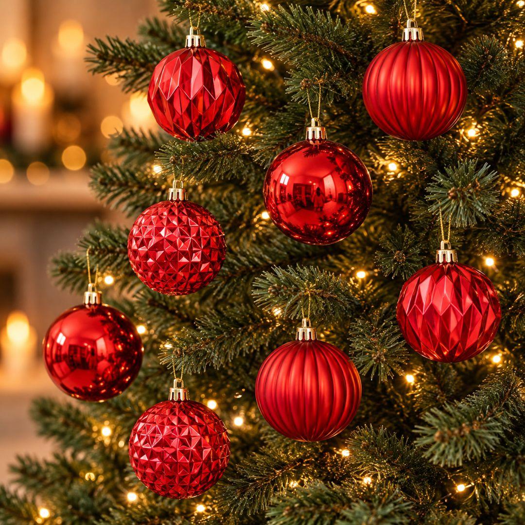 D93 red Christmas baubles 8cm, set of 12 featuring four assorted glossy, satin ribbed and faceted geometric designs on a light grey background.