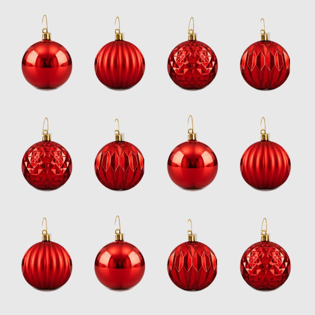 D93 red Christmas baubles 8cm, set of 12 featuring four assorted glossy, satin ribbed and faceted geometric designs on a light grey background.