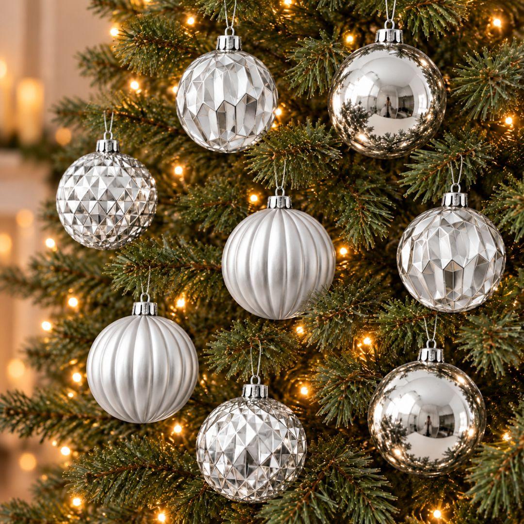 D92 silver Christmas baubles 8cm, set of 12 featuring four assorted reflective, satin ribbed and geometric designs on a light grey background.