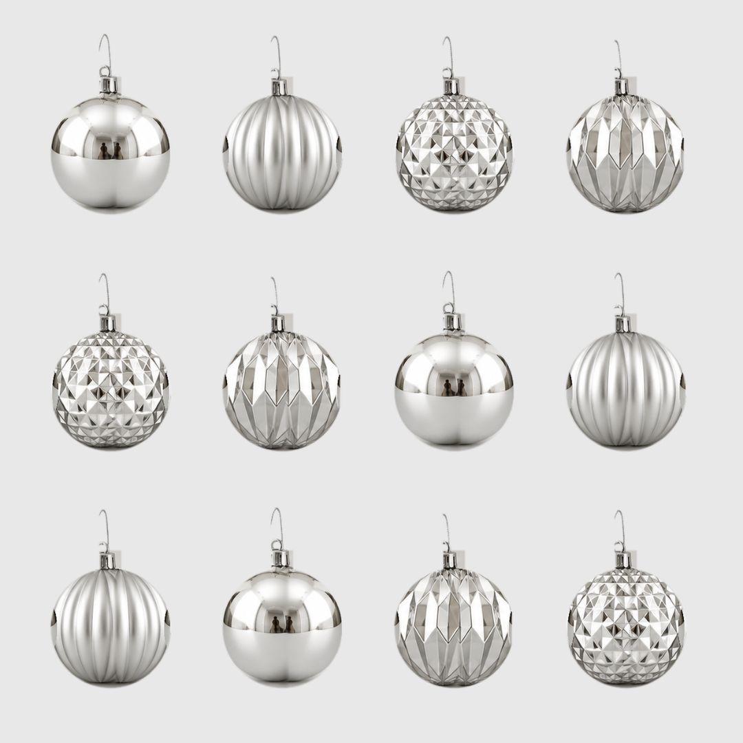 D92 silver Christmas baubles 8cm, set of 12 featuring four assorted reflective, satin ribbed and geometric designs on a light grey background.