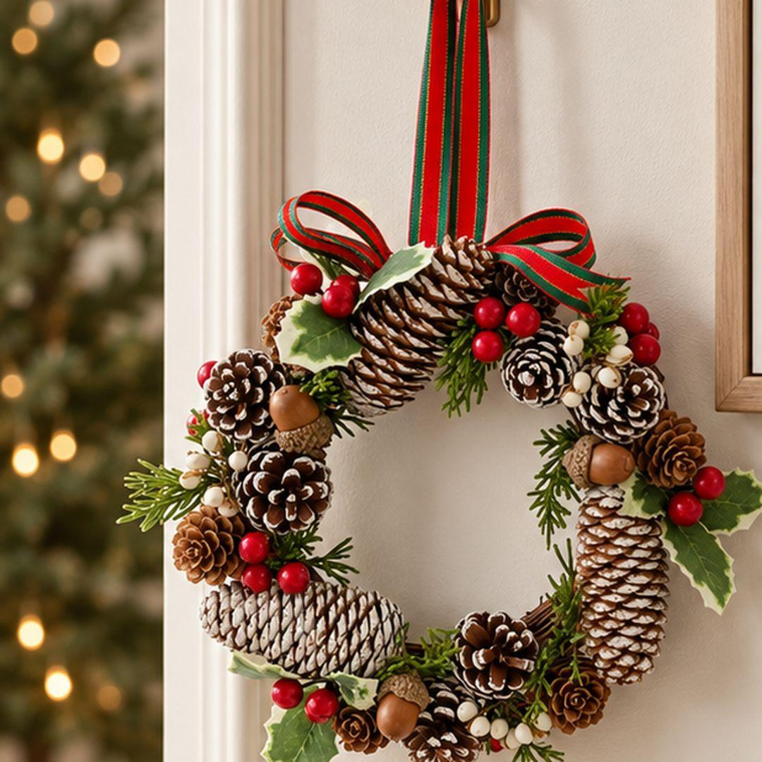 Mini Christmas wreath decorated with frosted pinecones, red berries, acorns and red and green striped ribbon hanging in a minimalist living room.