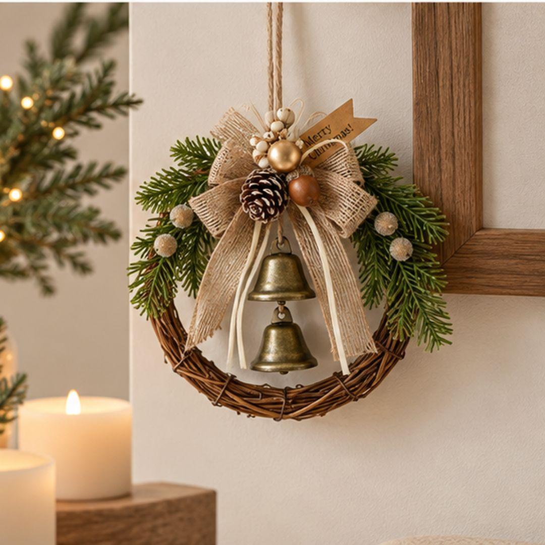 Mini rustic Christmas wreath with burlap bow, pine greenery and two antique gold-tone bells hanging on a cream wall in a minimalist living room.