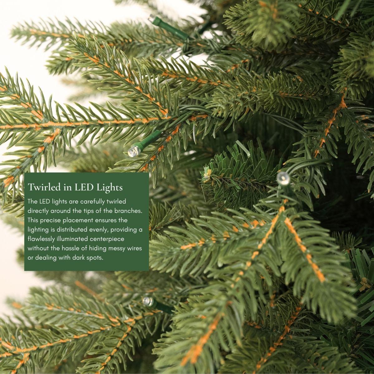 Detailed view of the specific 'Fraser Fir' PE and PVC needle tips, showcasing realistic color and texture. An excellent choice to compare against Pine Concept's densest artificial trees in Singapore.
