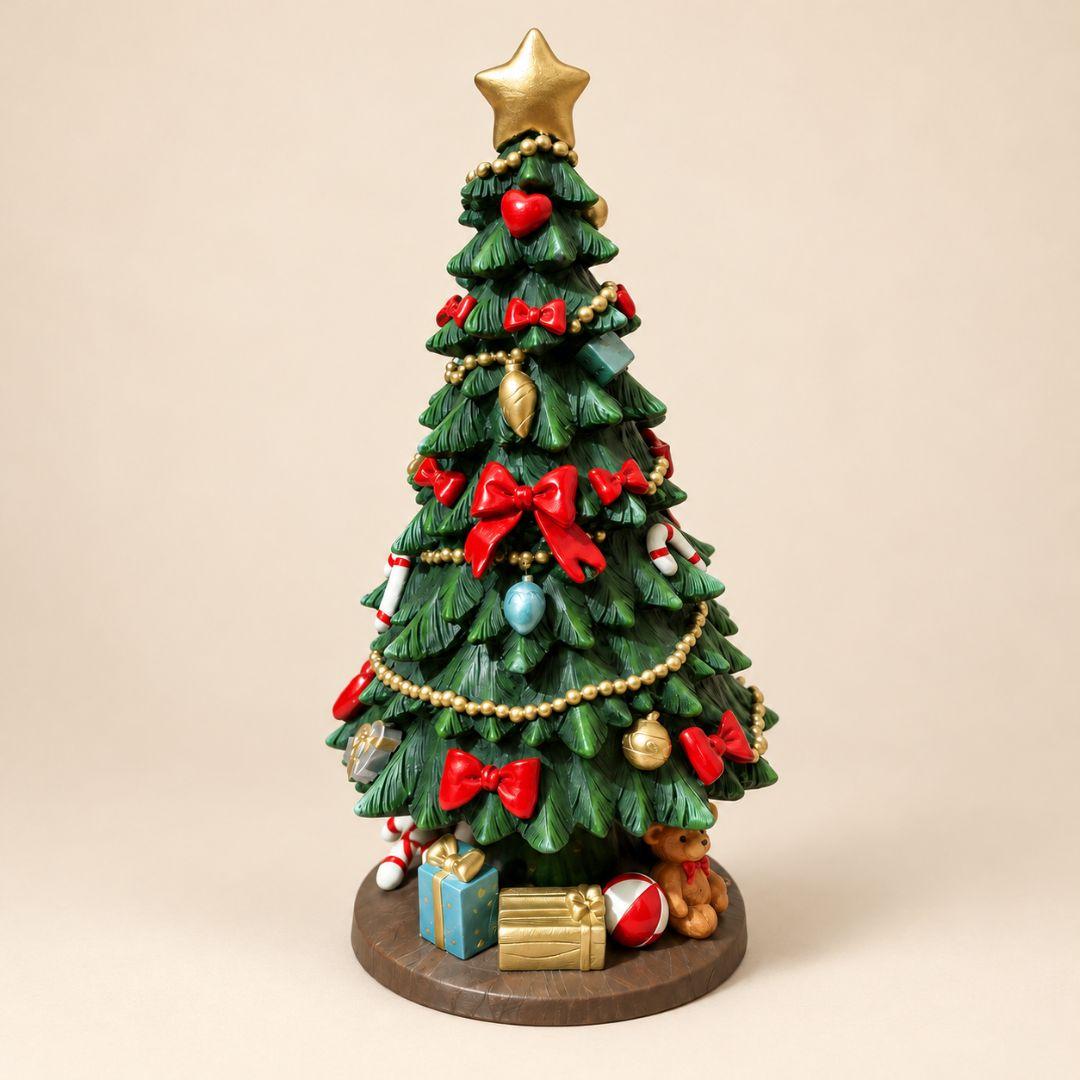 Noelle Christmas tree musical box figurine with gold star topper, red bows, gold garlands and miniature gifts on beige background