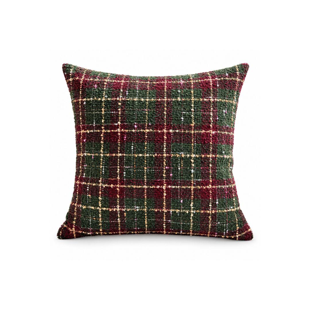 Noelle Plaid Christmas cushion cover in burgundy red and forest green with beige plaid detailing.