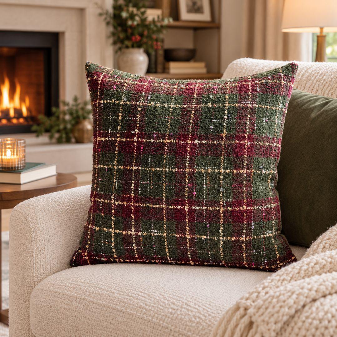 Noelle Plaid Christmas cushion cover in burgundy red and forest green with beige plaid detailing.