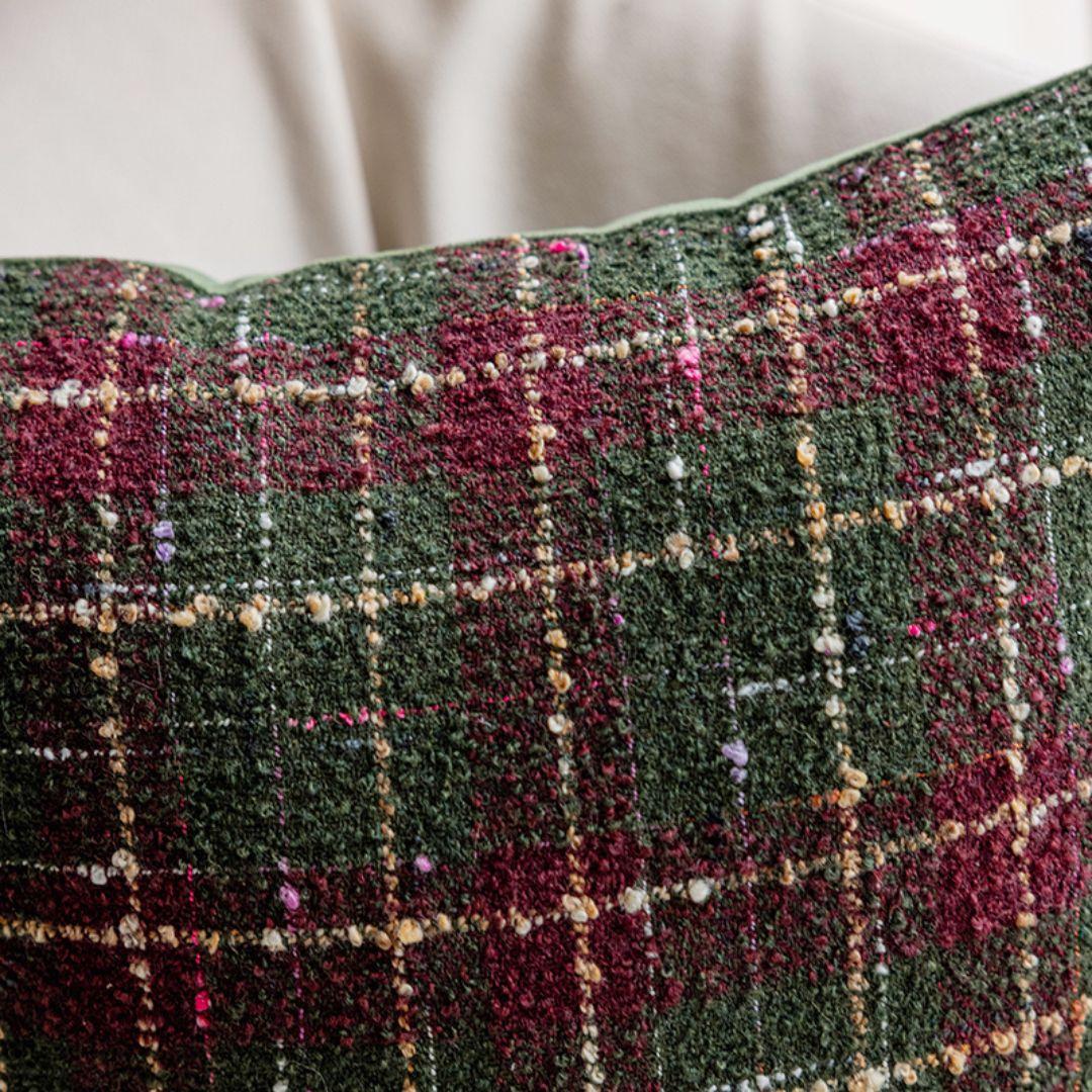 Noelle Plaid Christmas cushion cover in burgundy red and forest green with beige plaid detailing.