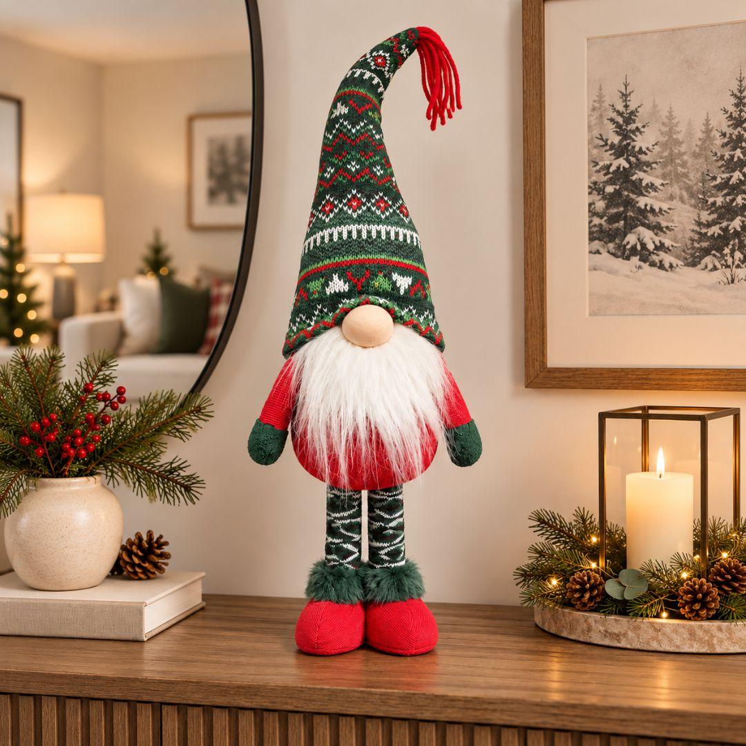 Adjustable standing Christmas gnome with green Nordic knitted hat, red tassel and fluffy white beard, height 47cm to 62cm