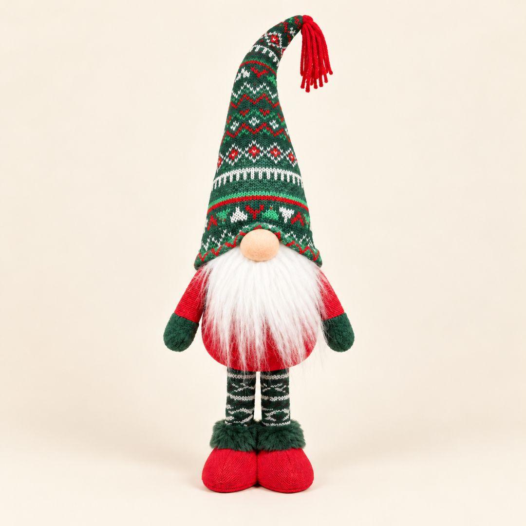 Adjustable standing Christmas gnome with green Nordic knitted hat, red tassel and fluffy white beard, height 47cm to 62cm