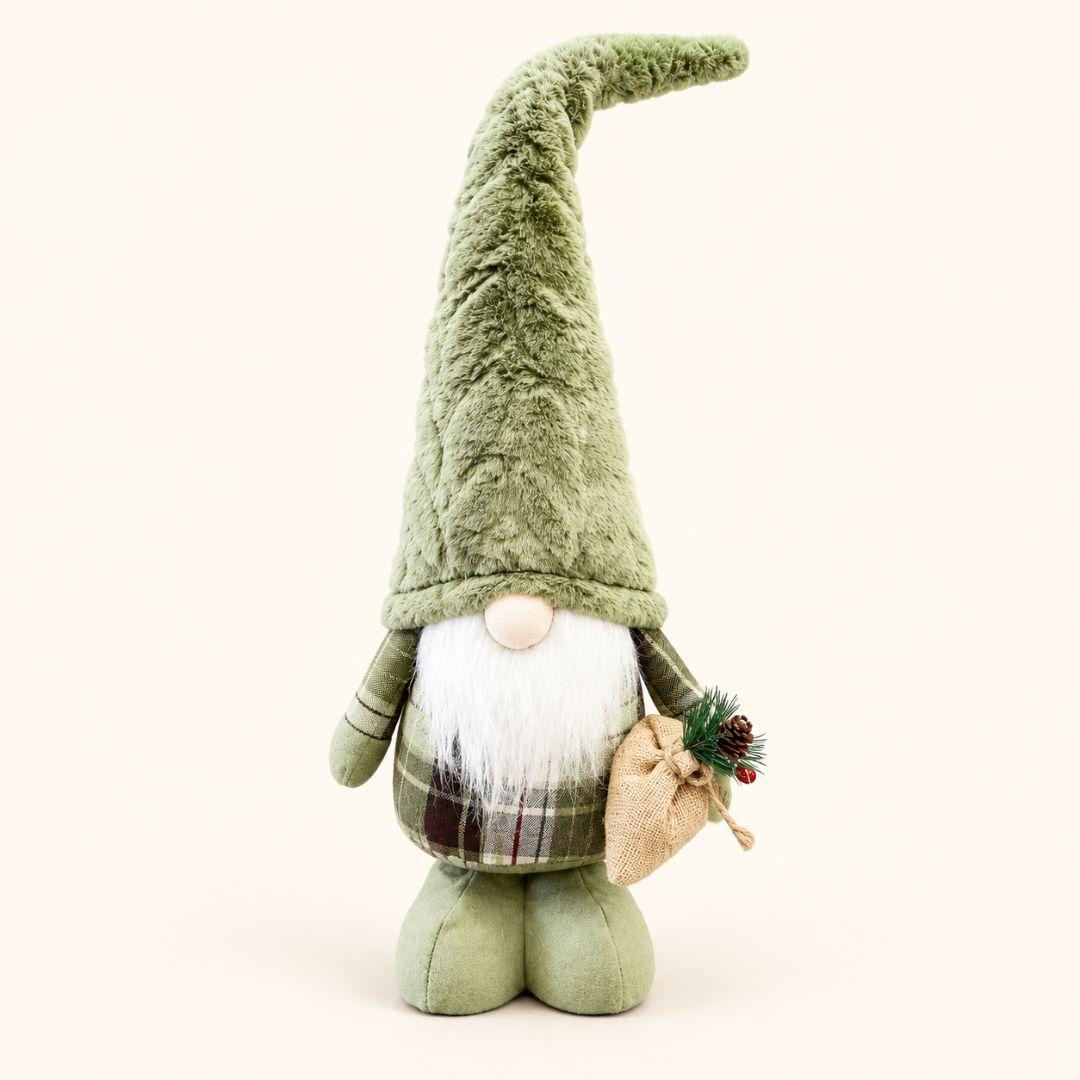Oliver Woodland Standing Christmas Gnome 66cm with sage-green plush hat, white beard, plaid outfit and decorative gift sack on cream beige background