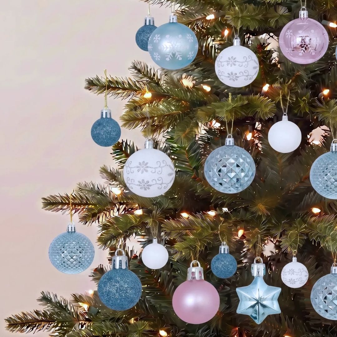 Pastel Blue Pink 44pcs Set Christmas Baubles ornament set styled on Christmas tree - Singapore homes - Speckled Space