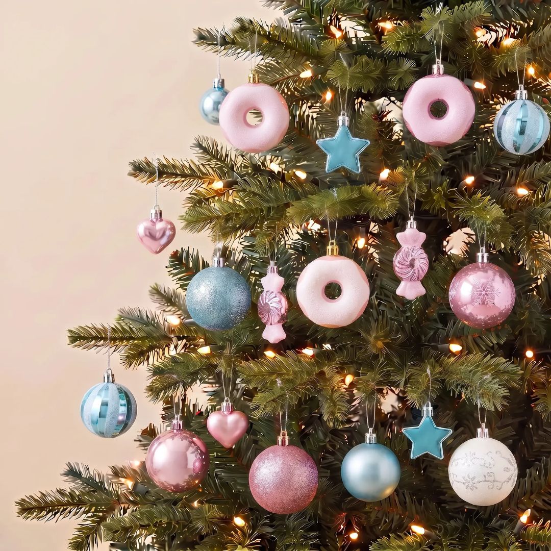 A boxed set of 72pcs pastel pink and blue plastic Christmas baubles featuring stunning glossy and glitter finishes.