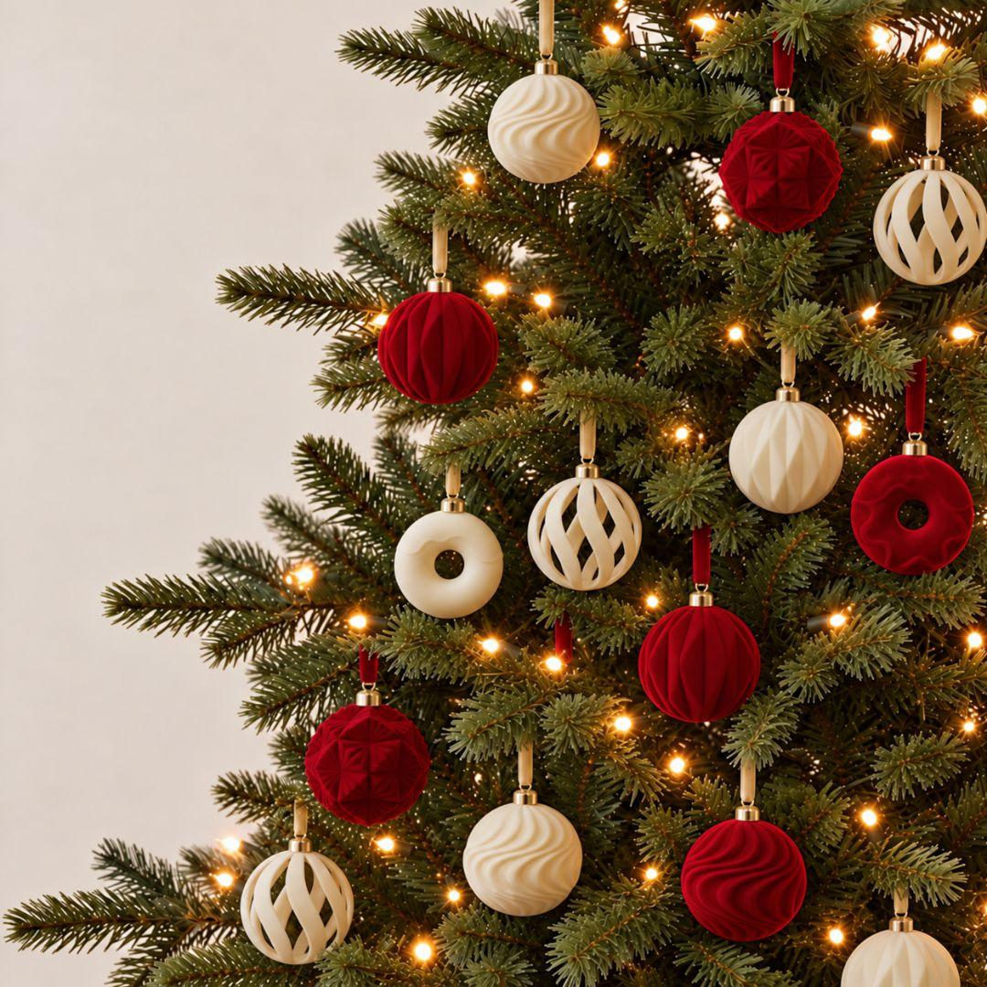 Ralph Heritage 8cm red and ivory velvet Christmas baubles with sculpted geometric patterns hanging on a warm-lit Christmas tree.