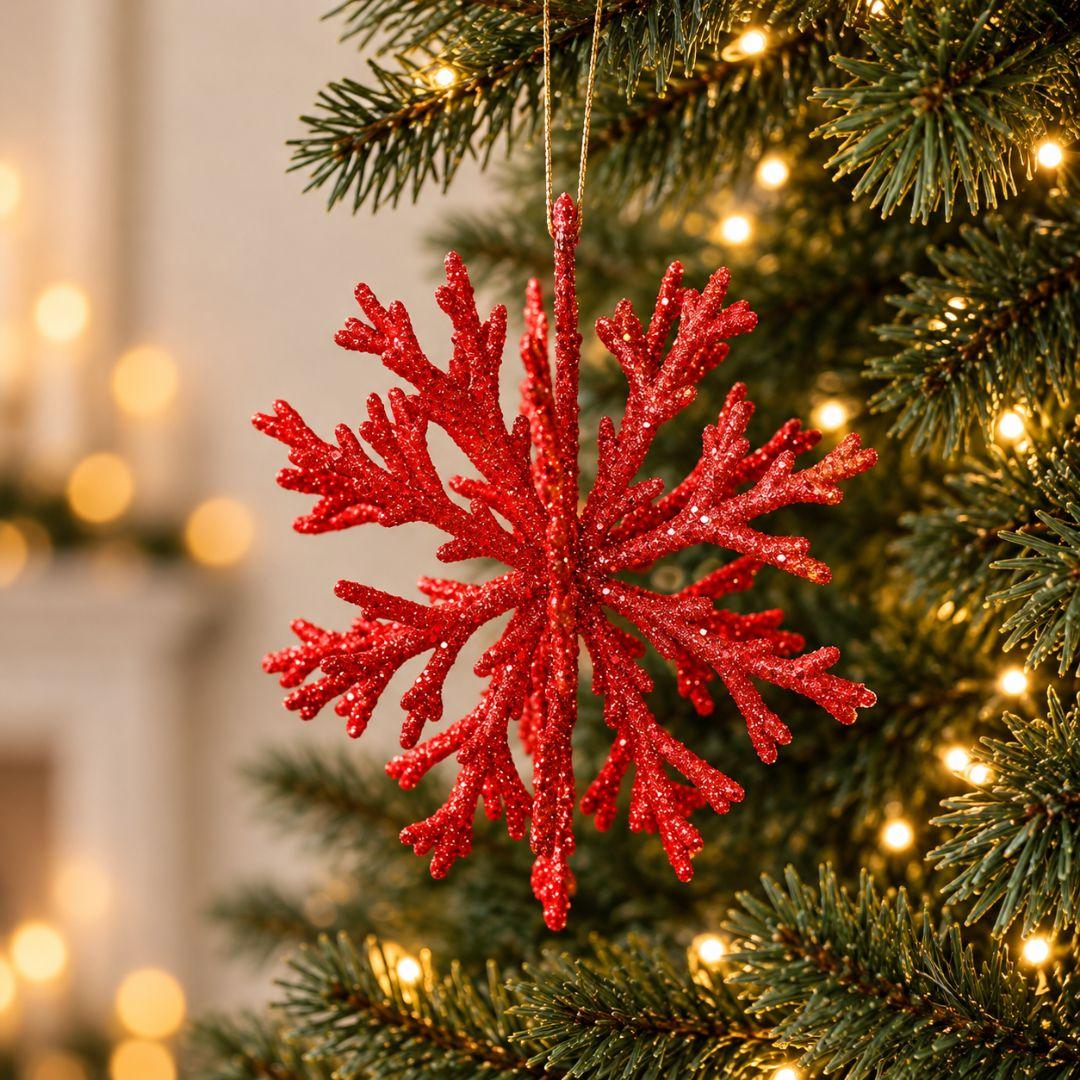 Red glitter snowflake Christmas ornament hanging on a decorated Christmas tree with warm fairy lights.