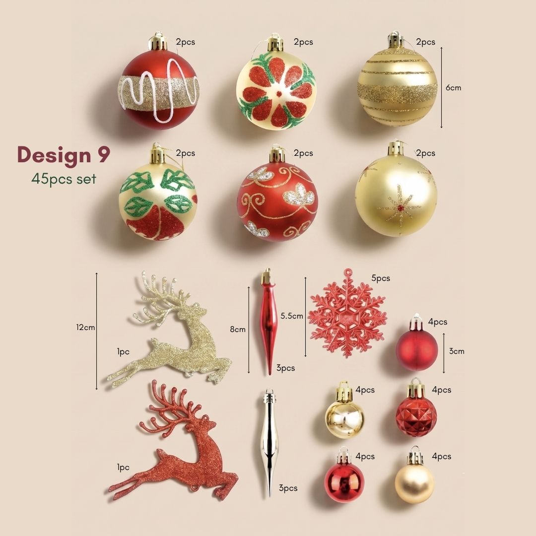 Red Gold Christmas Tree Baubles - 45pcs shatterproof ornament set styled on Christmas tree - Singapore homes 
