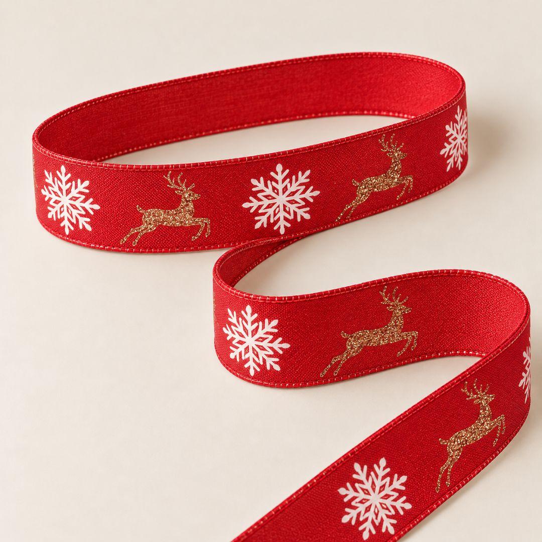 Red Christmas ribbon with glittering gold reindeer and white snowflake prints, featuring decorative stitched edges, ideal for Christmas tree bows and festive decorations.