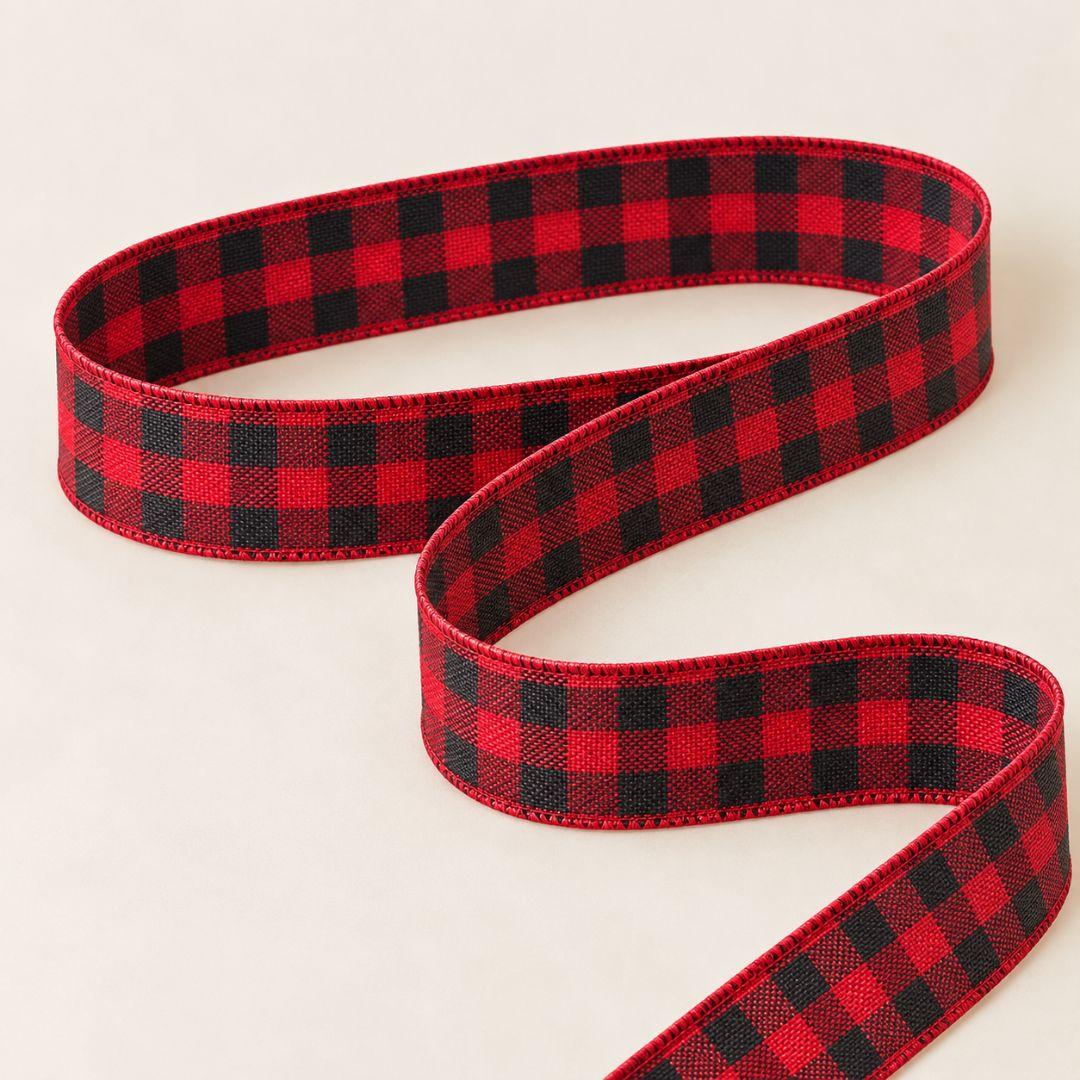 Red and black plaid Christmas ribbon with a textured woven finish, 5.5cm wide and 10m long, ideal for Christmas tree bows, wreaths and festive decorating.
