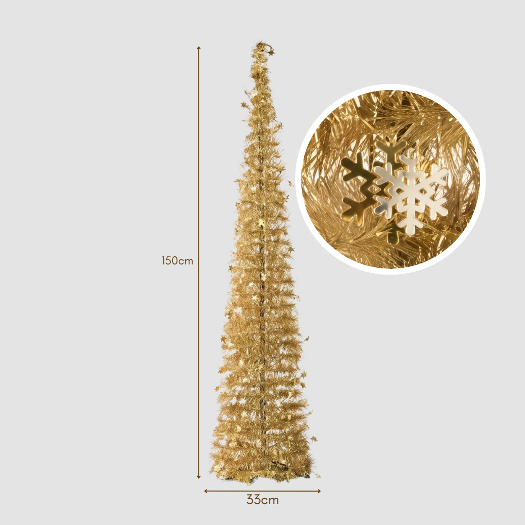 Height and base width sizing guide for the slim 150cm Reinox Gold Tinsel Collapsible Christmas Tree, ideal for narrow corners, apartments, and retail displays, offering a much smaller footprint than bulky Vanda Win or Ikea models