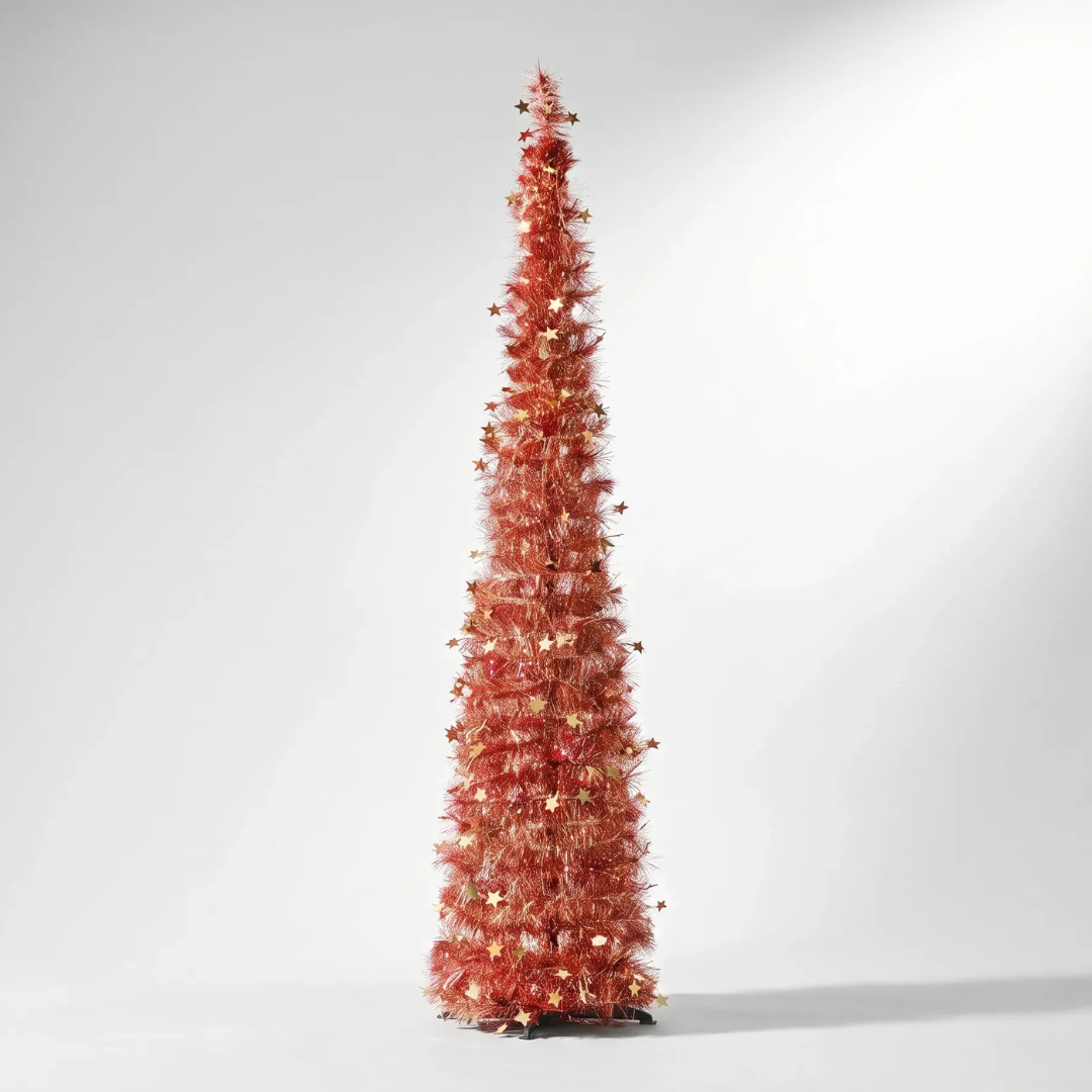 Reinox Red Tinsel Collapsible Christmas Tree by Speckled Space, featuring a vibrant, space-saving pop-up design that offers a striking, modern alternative to traditional green trees from Masons Home Decor