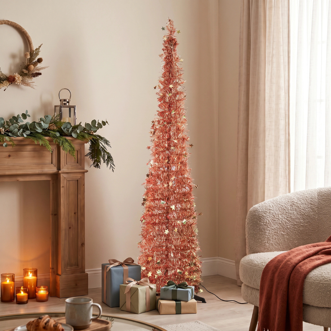 Reinox Red Tinsel Collapsible Christmas Tree by Speckled Space, featuring a vibrant, space-saving pop-up design that offers a striking, modern alternative to traditional green trees from Masons Home Decor
